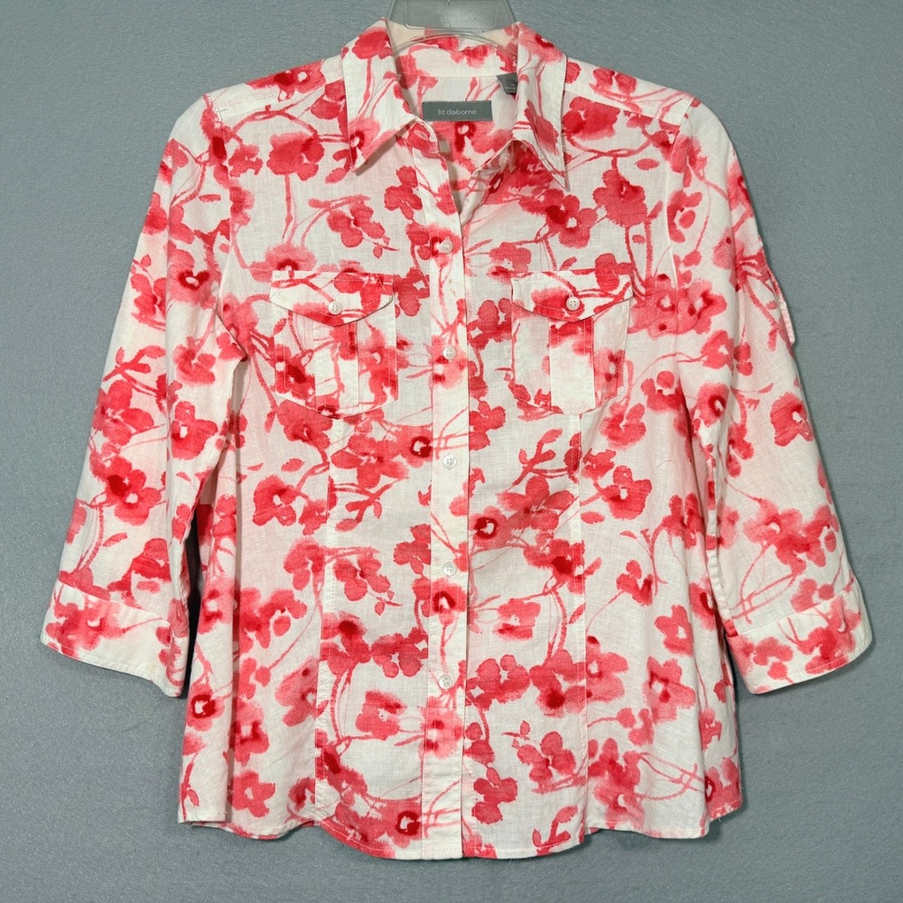 Liz Claiborne Linen Blend Floral Button Top Womens Size M Cottagecore Relaxed